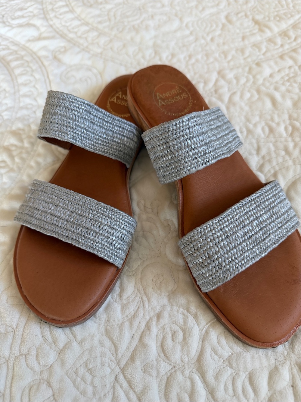 Andre Assous Silver Woven Double-Band Slide Sandals